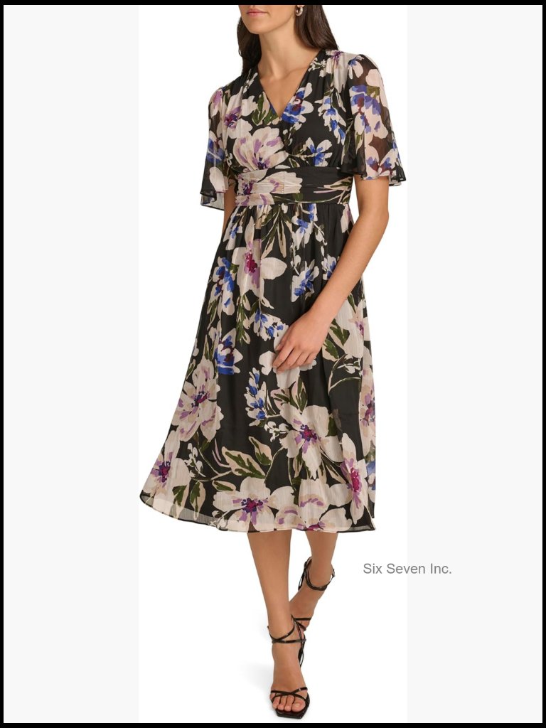 Polyester Flutter Sleeve V-Neck A-Line Midi Dress